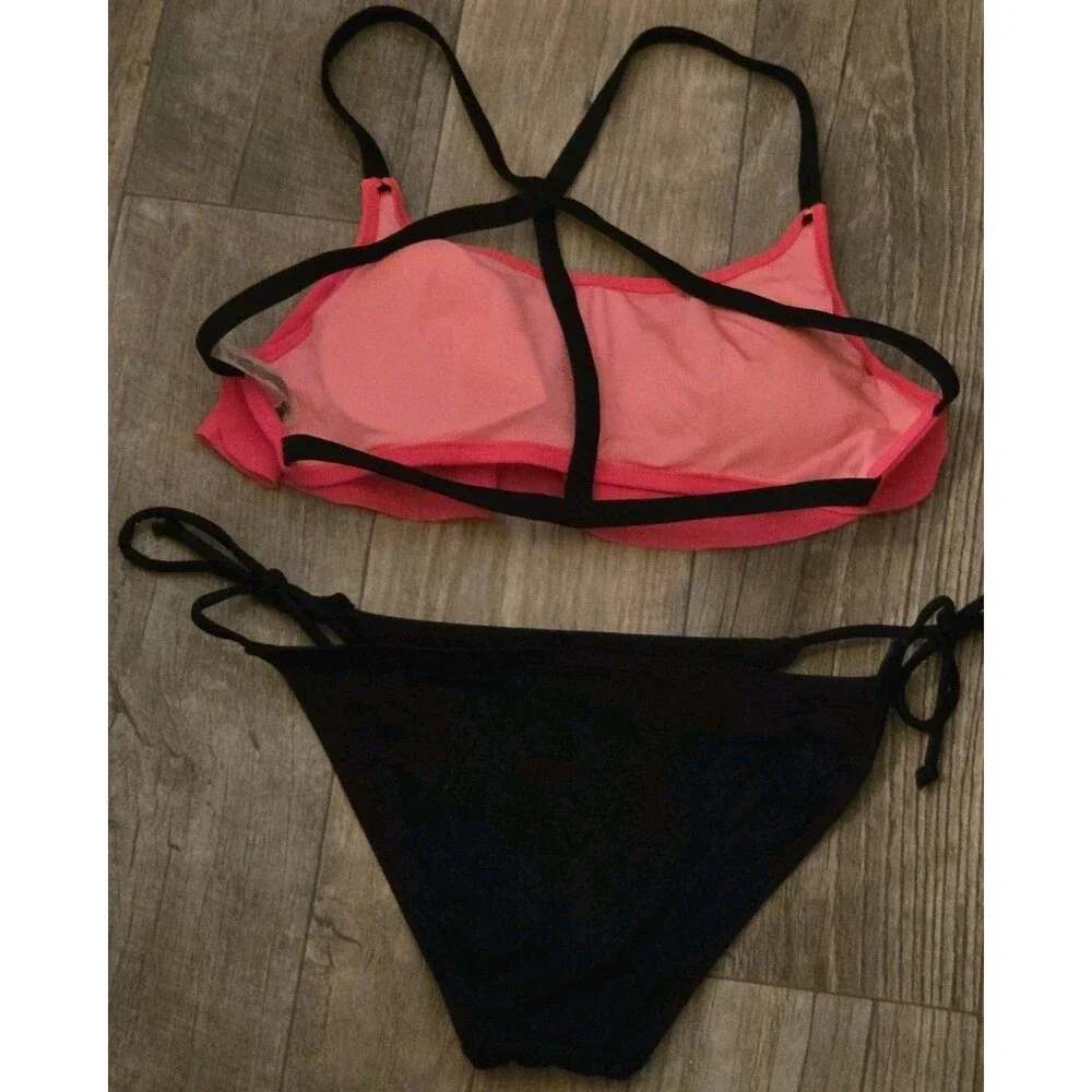 Victoria's Secret PINK bikini set w/ flounce crop top and black Bottoms, Size S